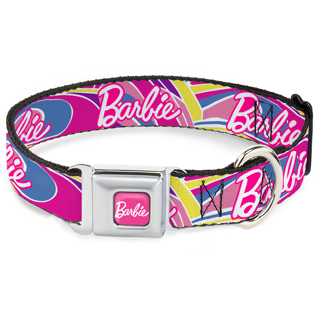 BARBIE Script Signature Full Color Hot Pink/White Seatbelt Buckle Collar - BARBIE Script Signature Logo Abstract Multi Color/White Dog Collars Seatbelt Buckle Barbie