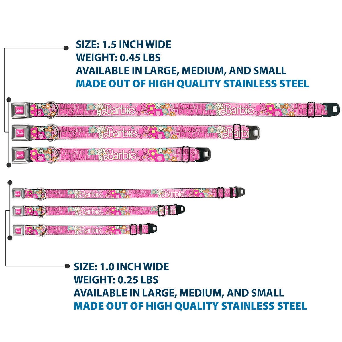 BARBIE Script Signature Full Color Hot Pink/White Seatbelt Buckle Collar - BARBIE LIVING THE DREAM LIFE Icons Collage Pinks Dog Collars Seatbelt Buckle Barbie