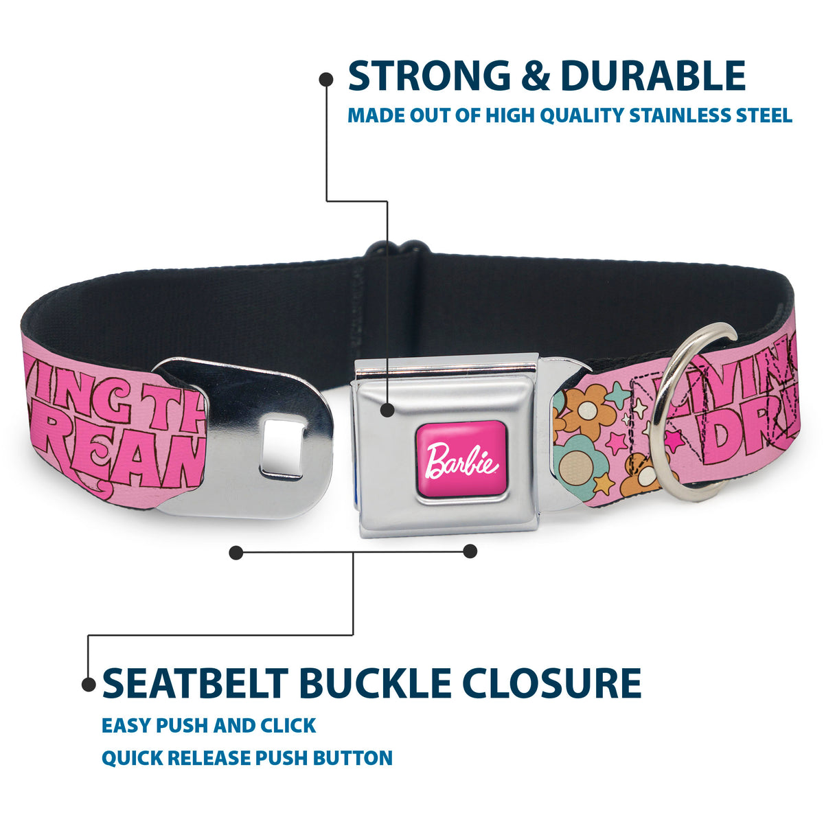 BARBIE Script Signature Full Color Hot Pink/White Seatbelt Buckle Collar - BARBIE LIVING THE DREAM LIFE Icons Collage Pinks Dog Collars Seatbelt Buckle Barbie