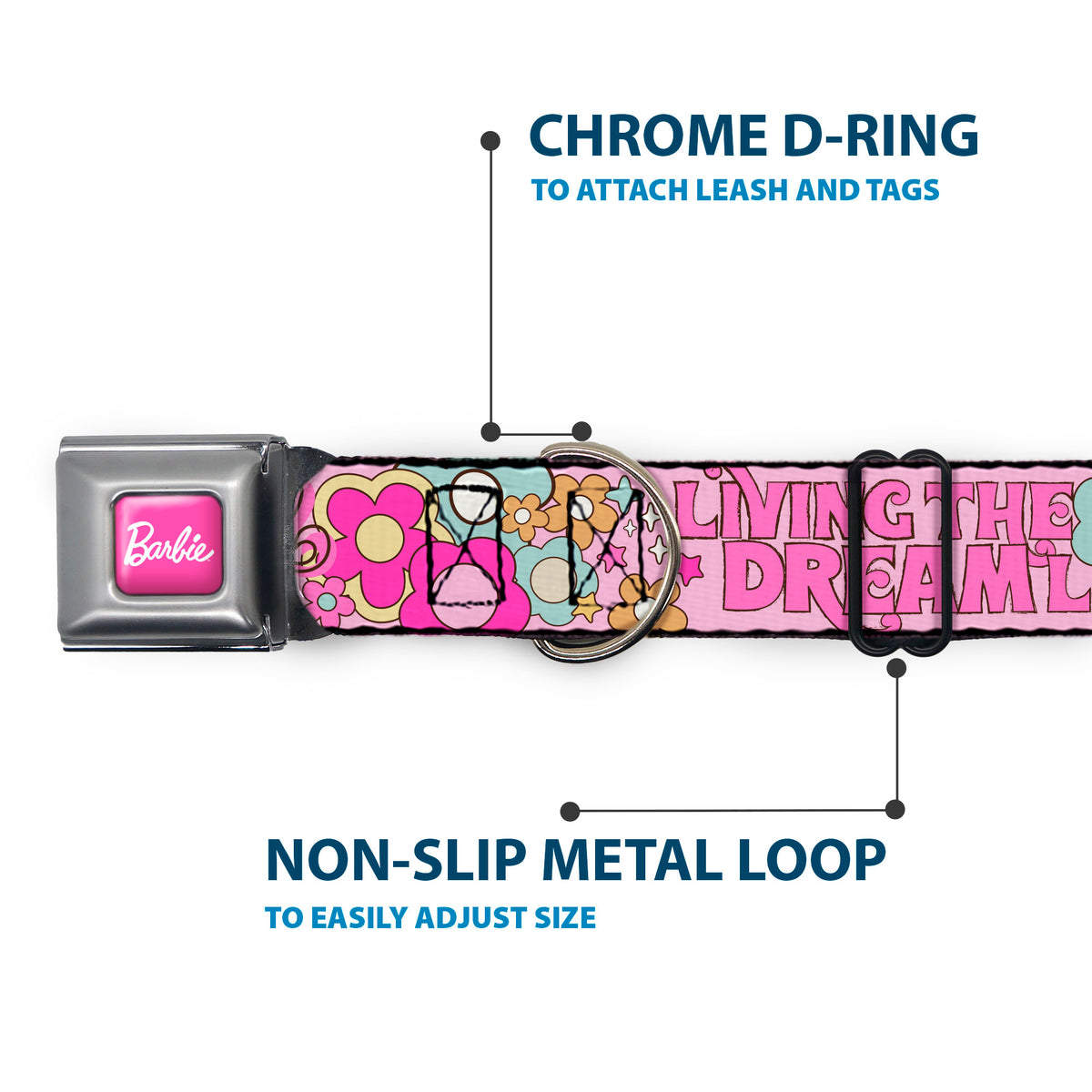 BARBIE Script Signature Full Color Hot Pink/White Seatbelt Buckle Collar - BARBIE LIVING THE DREAM LIFE Icons Collage Pinks Dog Collars Seatbelt Buckle Barbie