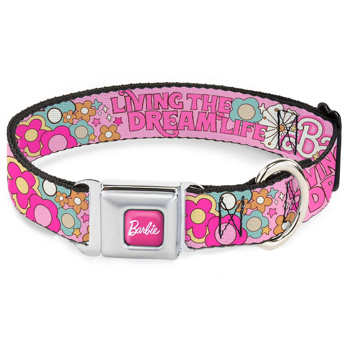 BARBIE Script Signature Full Color Hot Pink/White Seatbelt Buckle Collar - BARBIE LIVING THE DREAM LIFE Icons Collage Pinks Dog Collars Seatbelt Buckle Barbie