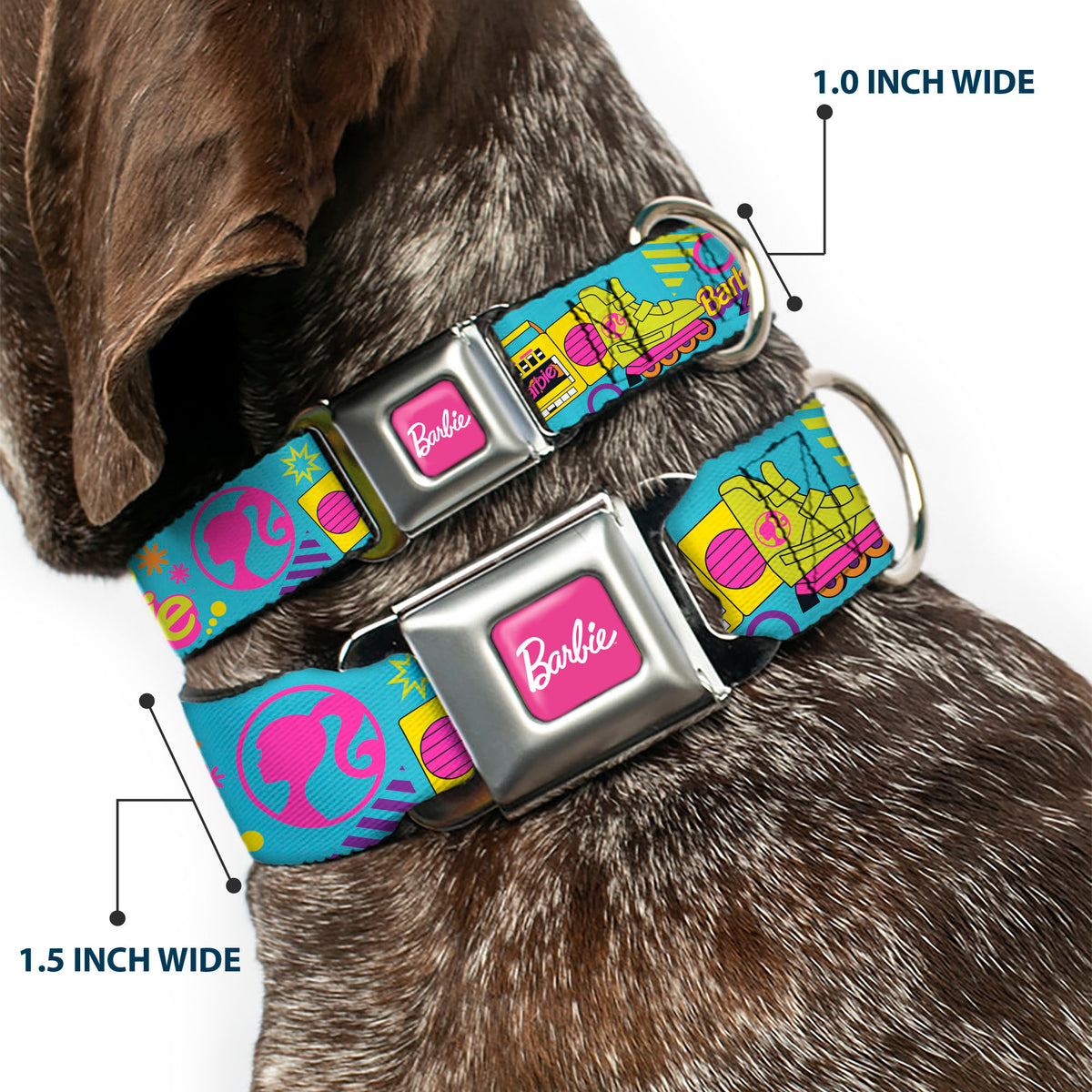 BARBIE Script Signature Full Color Hot Pink/White Seatbelt Buckle Collar - BARBIE Eighties Icons Bright Blue/Multi Color Dog Collars Seatbelt Buckle Barbie