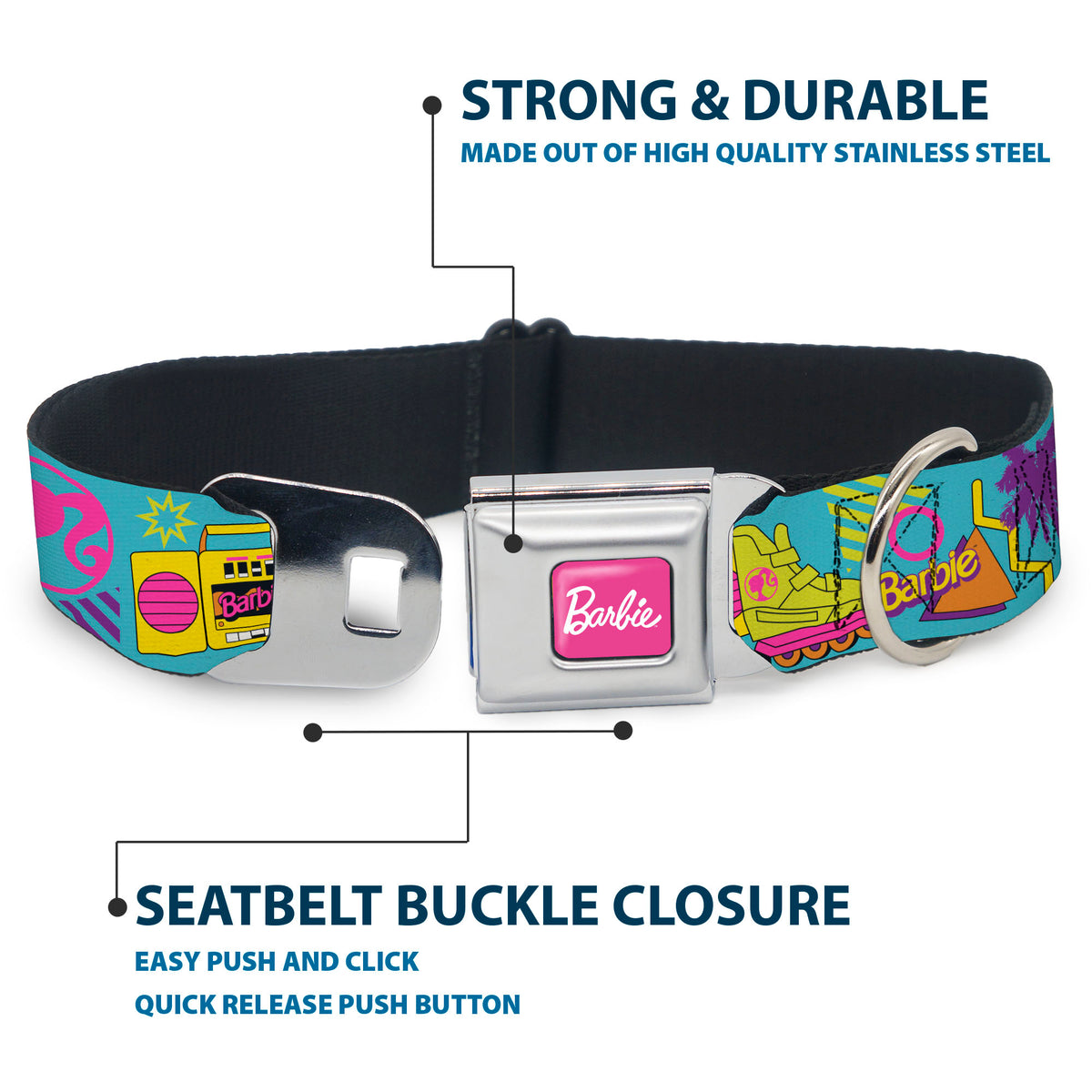 BARBIE Script Signature Full Color Hot Pink/White Seatbelt Buckle Collar - BARBIE Eighties Icons Bright Blue/Multi Color Dog Collars Seatbelt Buckle Barbie