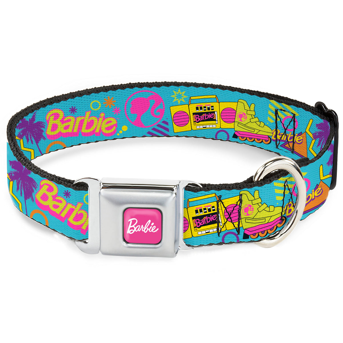BARBIE Script Signature Full Color Hot Pink/White Seatbelt Buckle Collar - BARBIE Eighties Icons Bright Blue/Multi Color Dog Collars Seatbelt Buckle Barbie