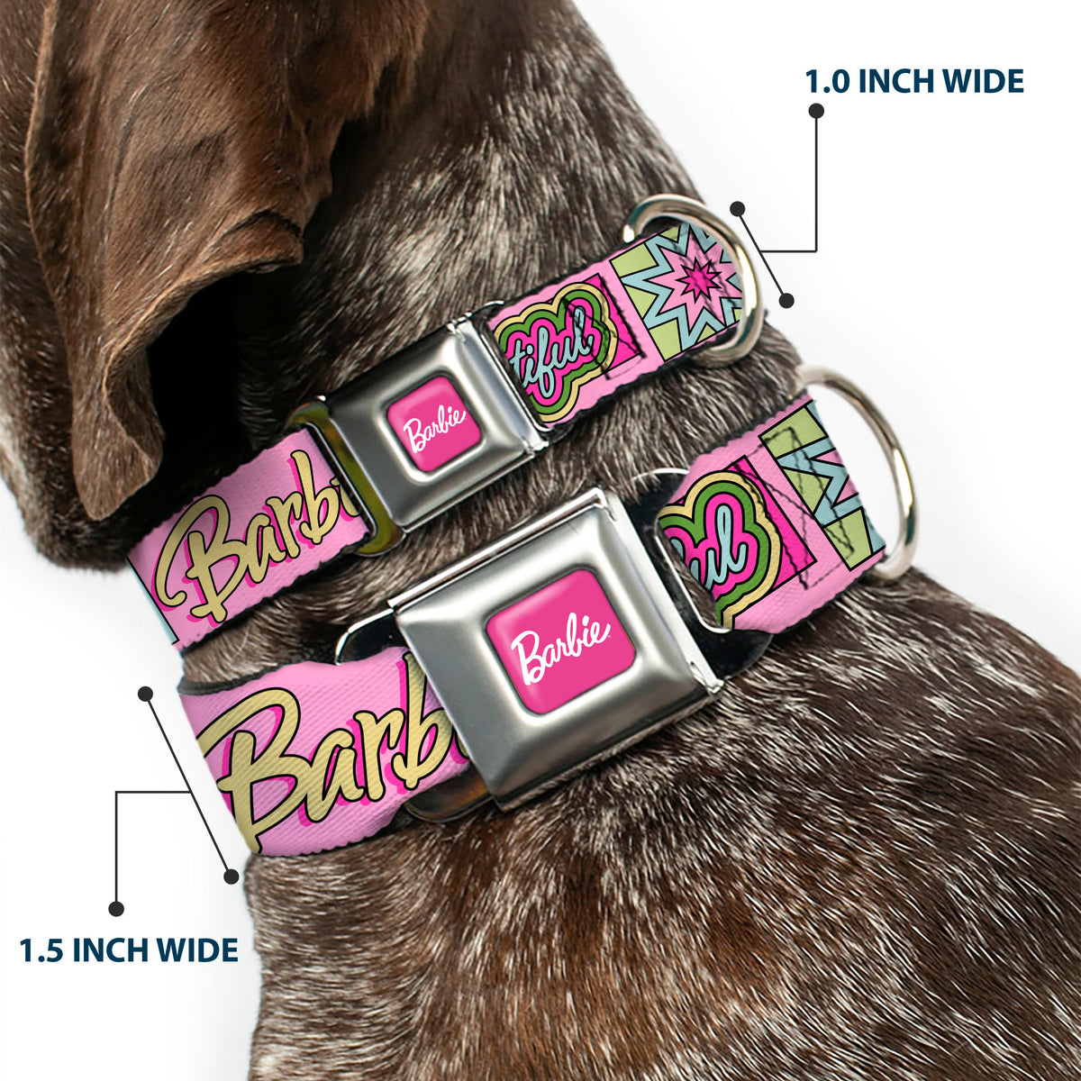 BARBIE Script Signature Full Color Hot Pink/White Seatbelt Buckle Collar - BARBIE SMART BEAUTIFUL STRONG Icons Pink/Multi Color Dog Collars Seatbelt Buckle Barbie