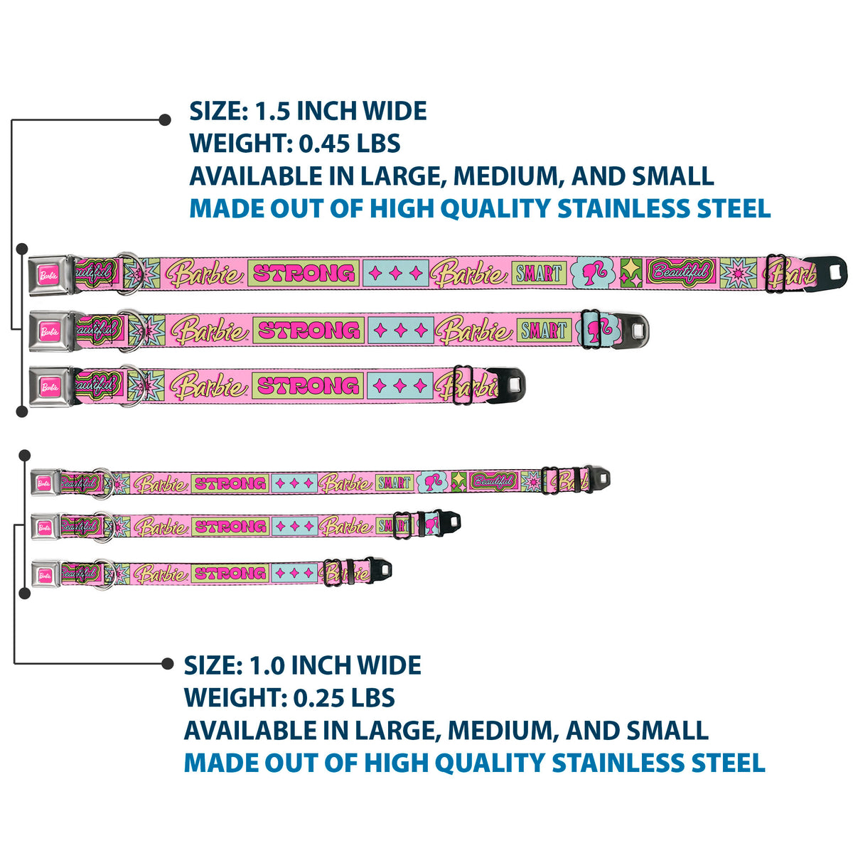 BARBIE Script Signature Full Color Hot Pink/White Seatbelt Buckle Collar - BARBIE SMART BEAUTIFUL STRONG Icons Pink/Multi Color Dog Collars Seatbelt Buckle Barbie