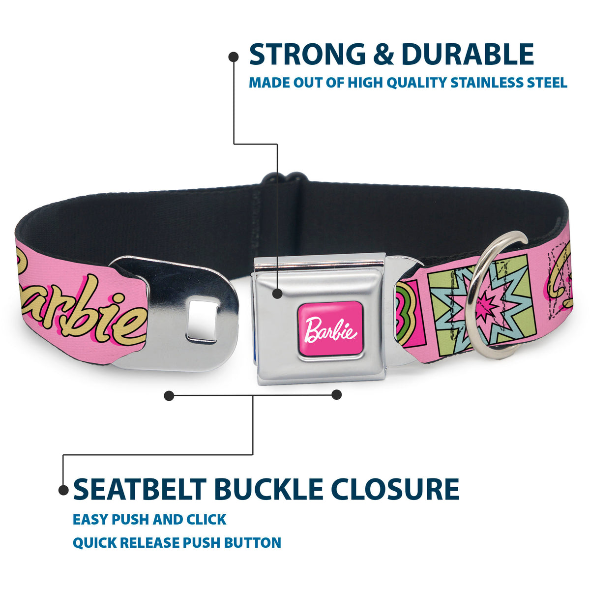 BARBIE Script Signature Full Color Hot Pink/White Seatbelt Buckle Collar - BARBIE SMART BEAUTIFUL STRONG Icons Pink/Multi Color Dog Collars Seatbelt Buckle Barbie