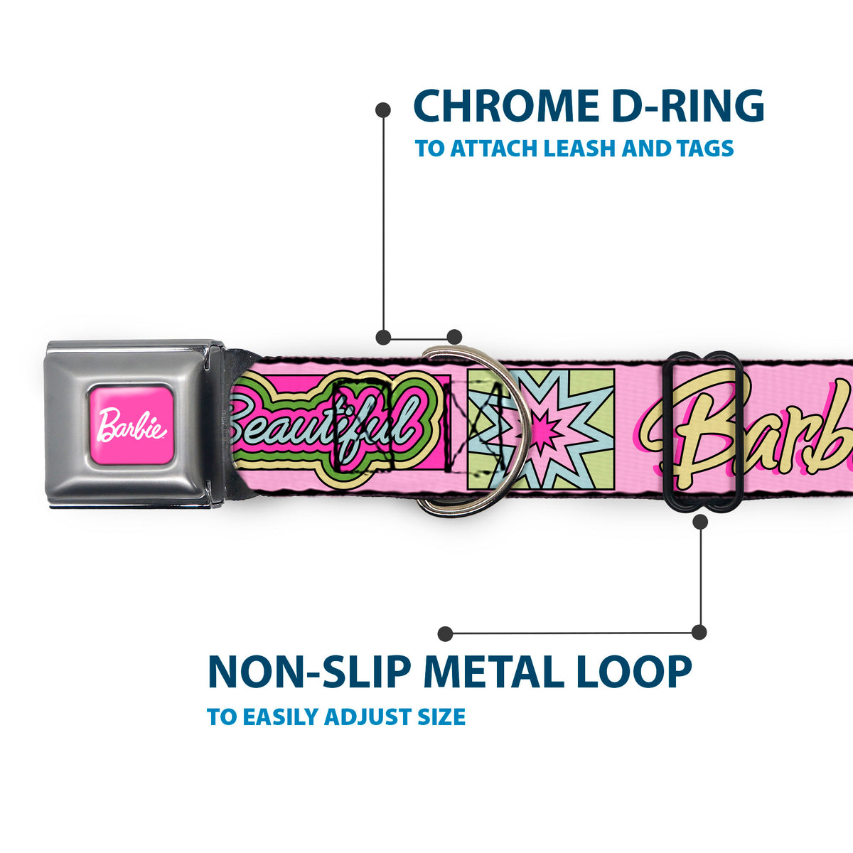 BARBIE Script Signature Full Color Hot Pink/White Seatbelt Buckle Collar - BARBIE SMART BEAUTIFUL STRONG Icons Pink/Multi Color Dog Collars Seatbelt Buckle Barbie