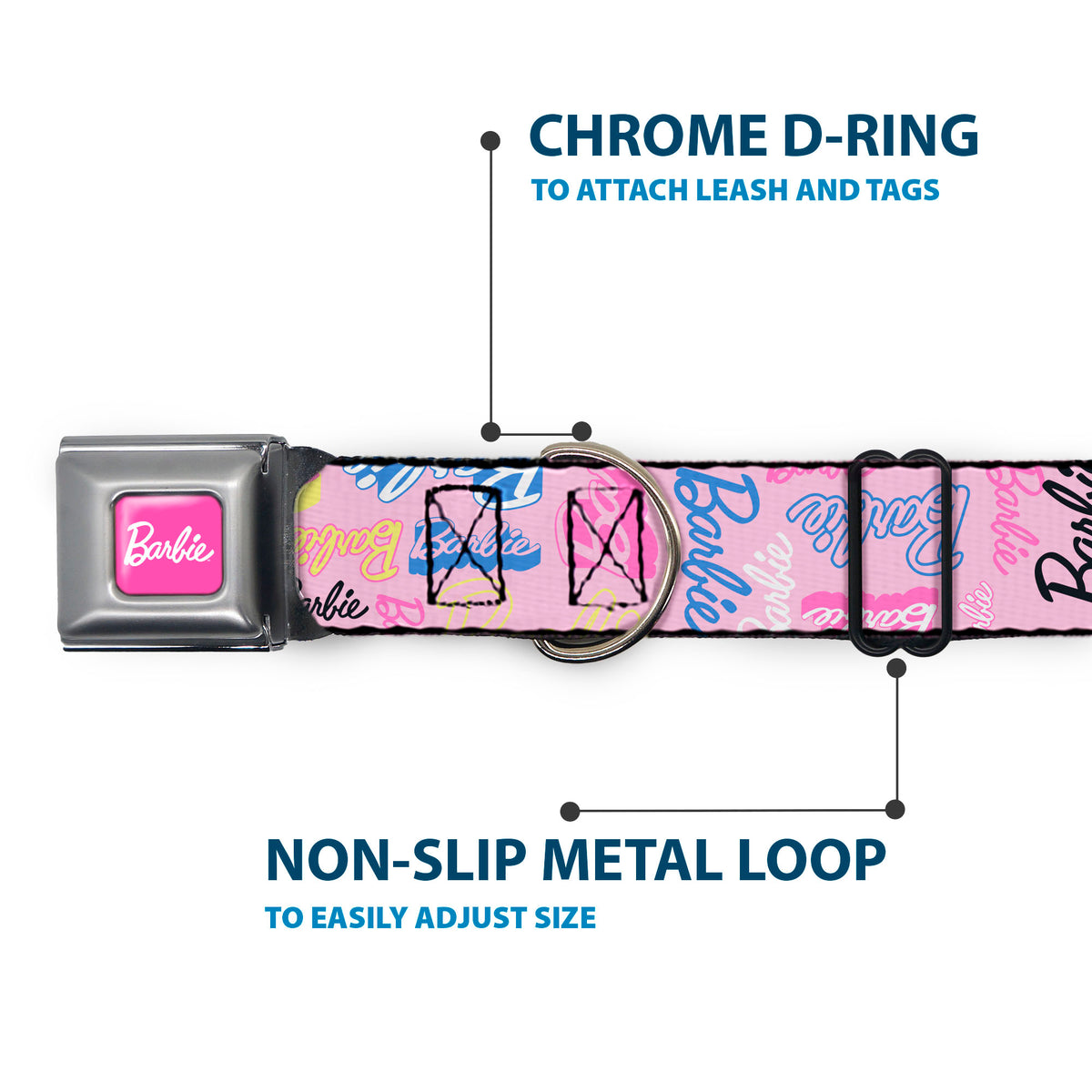 BARBIE Script Signature Full Color Hot Pink/White Seatbelt Buckle Collar - BARBIE Script Signature Collage Pink/Multi Color Dog Collars Seatbelt Buckle Barbie