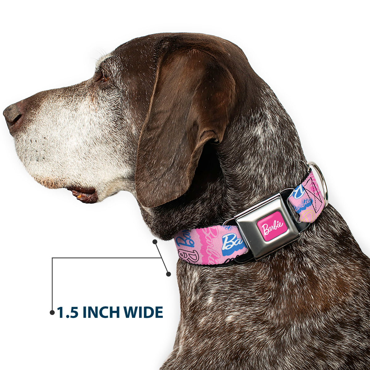 BARBIE Script Signature Full Color Hot Pink/White Seatbelt Buckle Collar - BARBIE Script Signature Collage Pink/Multi Color Dog Collars Seatbelt Buckle Barbie