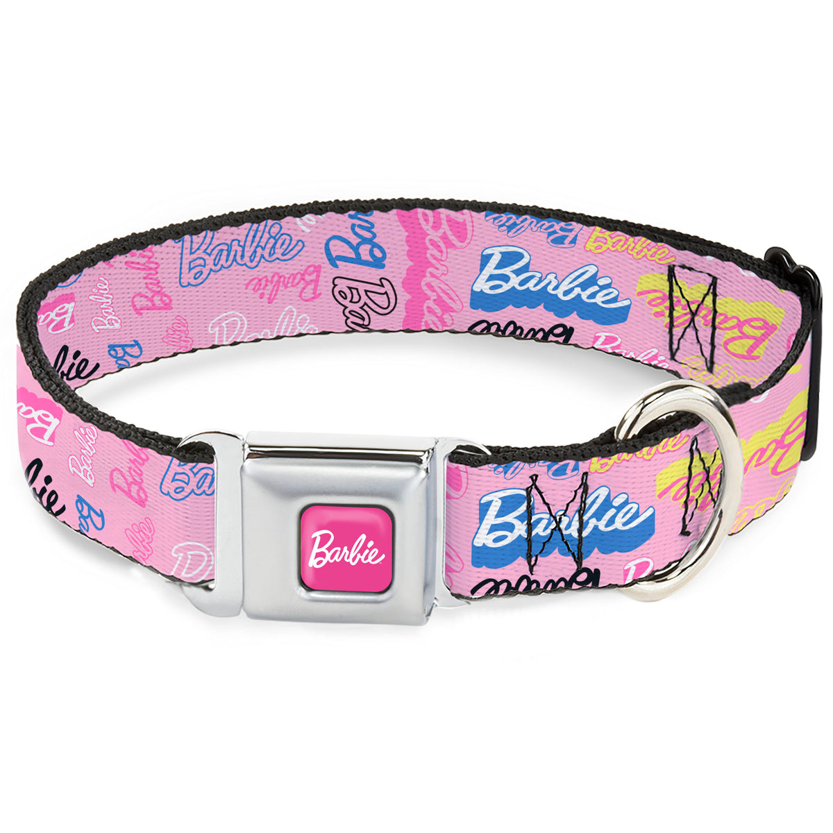 BARBIE Script Signature Full Color Hot Pink/White Seatbelt Buckle Collar - BARBIE Script Signature Collage Pink/Multi Color Dog Collars Seatbelt Buckle Barbie