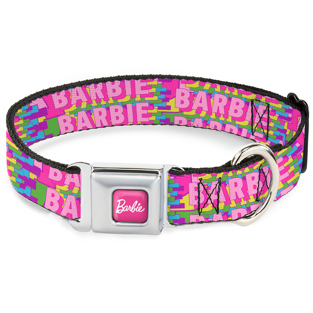 BARBIE Script Signature Full Color Hot Pink/White Seatbelt Buckle Collar - BARBIE Bold Text Stacked Pink/Multi Color Dog Collars Seatbelt Buckle Barbie
