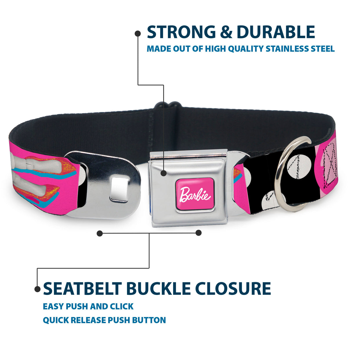 BARBIE Script Signature Full Color Hot Pink/White Seatbelt Buckle Collar - BARBIE Accessory Icons Collage Multi Color Dog Collars Seatbelt Buckle Barbie