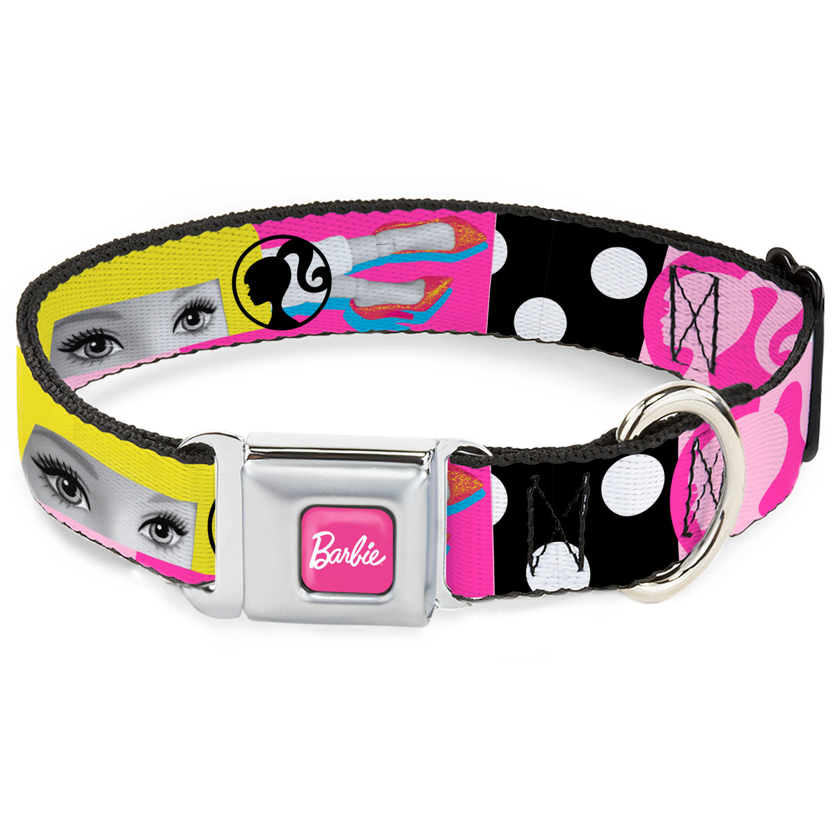 BARBIE Script Signature Full Color Hot Pink/White Seatbelt Buckle Collar - BARBIE Accessory Icons Collage Multi Color Dog Collars Seatbelt Buckle Barbie