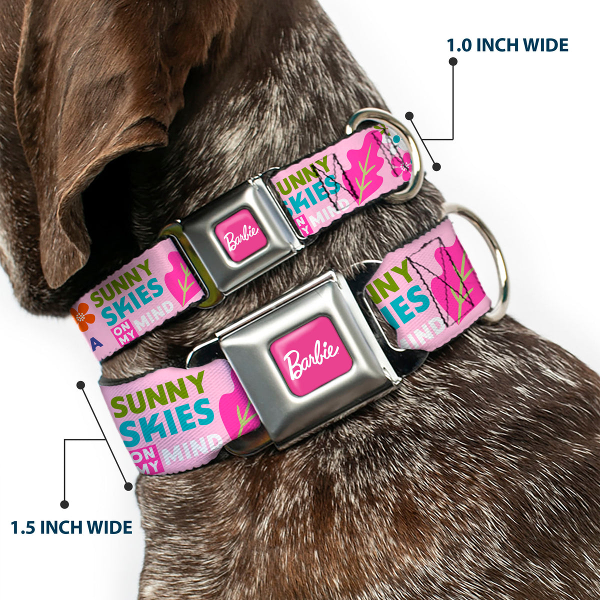 BARBIE Script Signature Full Color Hot Pink/White Seatbelt Buckle Collar - CAMP BARBIE MALIBU Icons Collage Pink/Multi Color Dog Collars Seatbelt Buckle Barbie