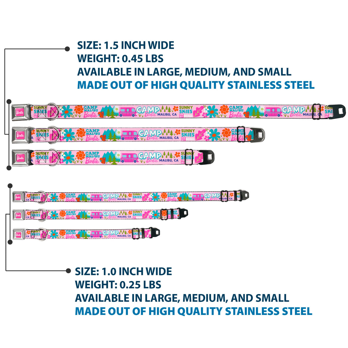 BARBIE Script Signature Full Color Hot Pink/White Seatbelt Buckle Collar - CAMP BARBIE MALIBU Icons Collage Pink/Multi Color Dog Collars Seatbelt Buckle Barbie