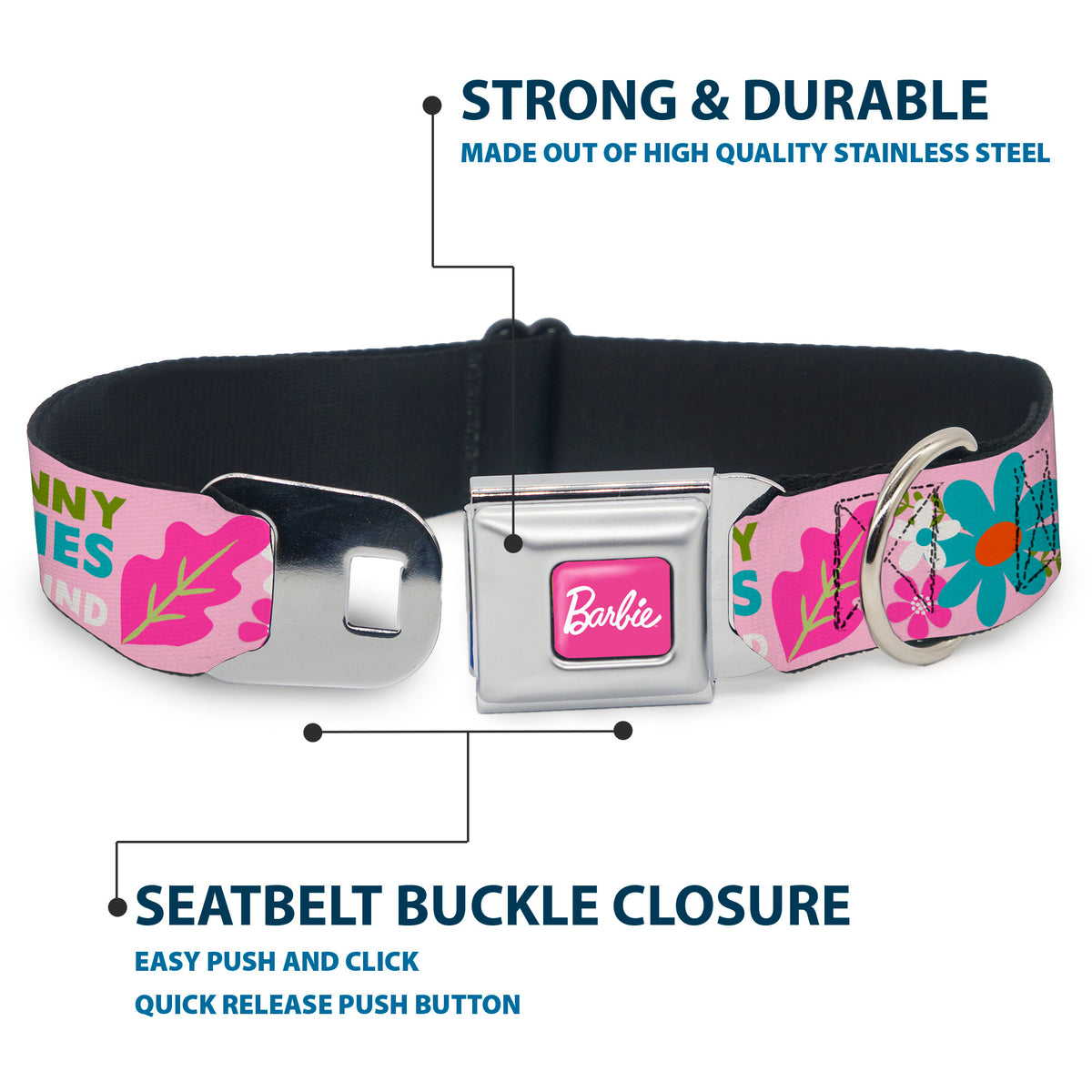 BARBIE Script Signature Full Color Hot Pink/White Seatbelt Buckle Collar - CAMP BARBIE MALIBU Icons Collage Pink/Multi Color Dog Collars Seatbelt Buckle Barbie