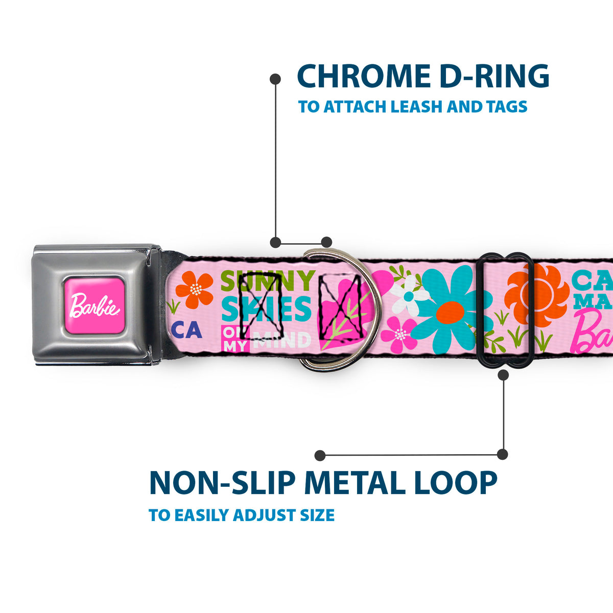 BARBIE Script Signature Full Color Hot Pink/White Seatbelt Buckle Collar - CAMP BARBIE MALIBU Icons Collage Pink/Multi Color Dog Collars Seatbelt Buckle Barbie