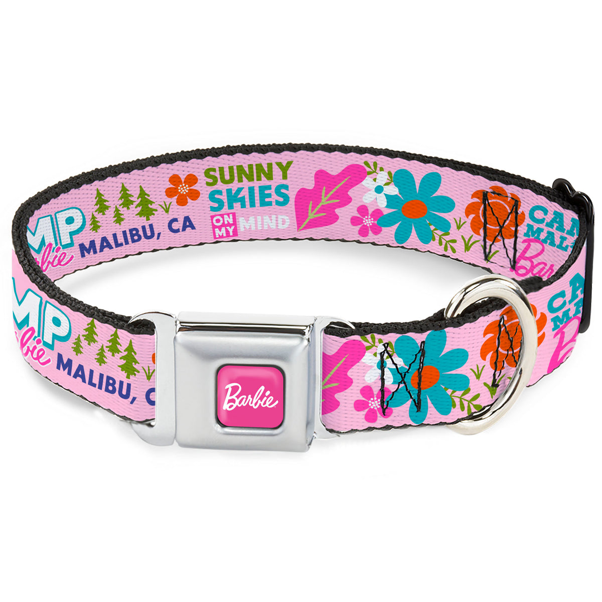 BARBIE Script Signature Full Color Hot Pink/White Seatbelt Buckle Collar - CAMP BARBIE MALIBU Icons Collage Pink/Multi Color Dog Collars Seatbelt Buckle Barbie