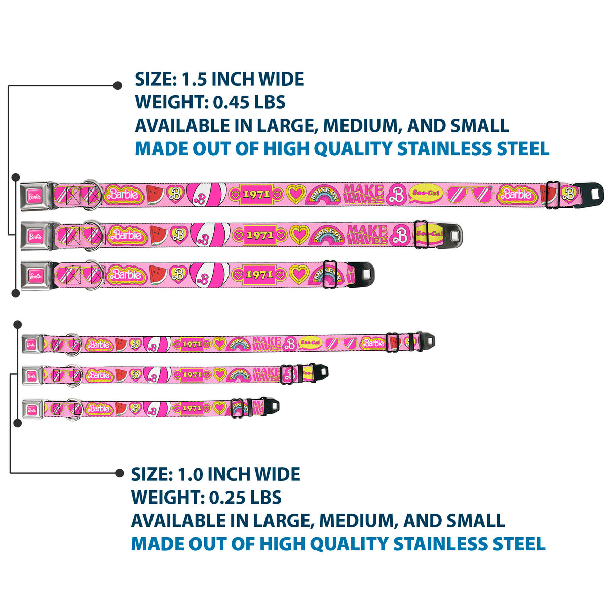 BARBIE Script Signature Full Color Hot Pink/White Seatbelt Buckle Collar - Malibu Barbie 1971 Icons and Quotes Pinks/Yellows Dog Collars Seatbelt Buckle Barbie