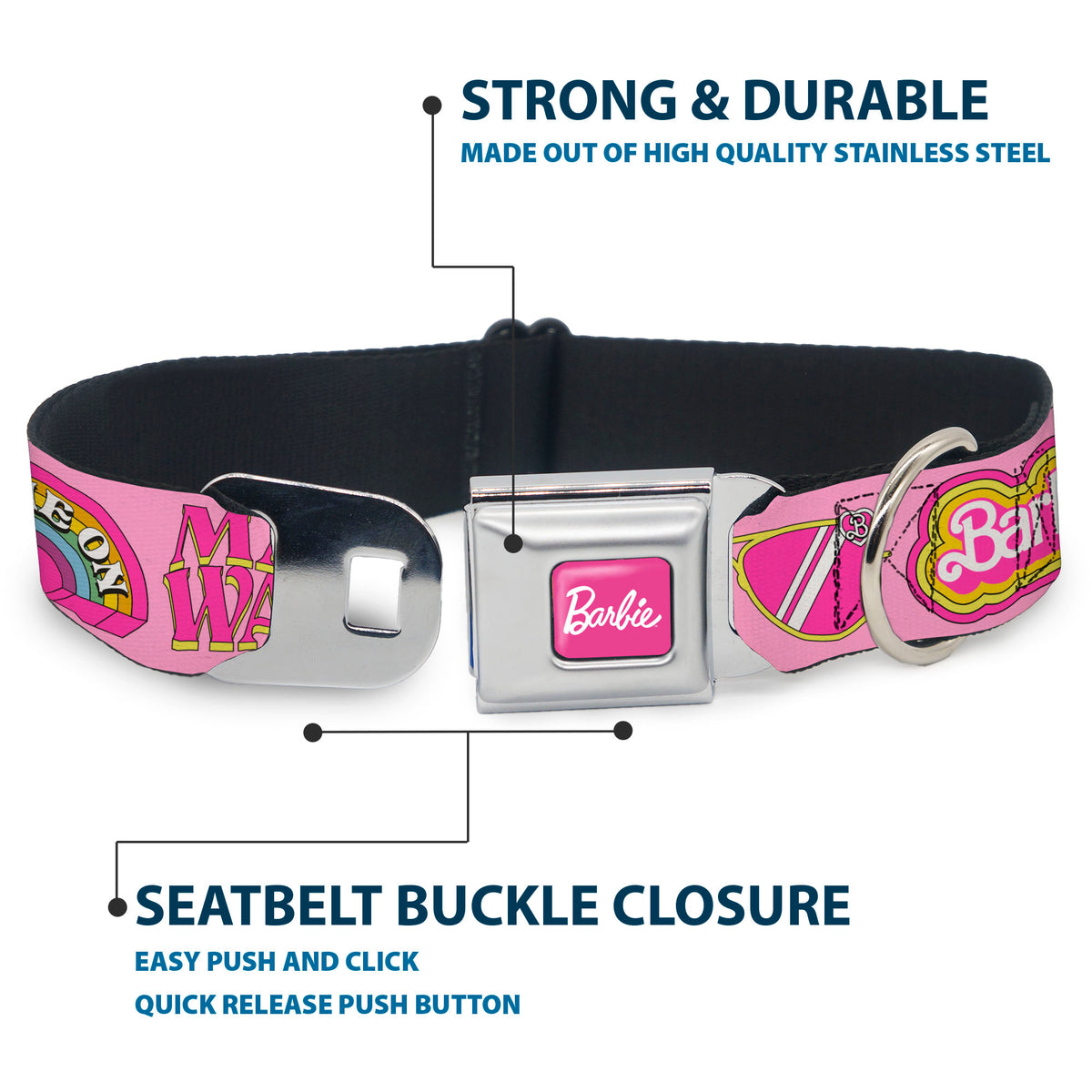 BARBIE Script Signature Full Color Hot Pink/White Seatbelt Buckle Collar - Malibu Barbie 1971 Icons and Quotes Pinks/Yellows Dog Collars Seatbelt Buckle Barbie