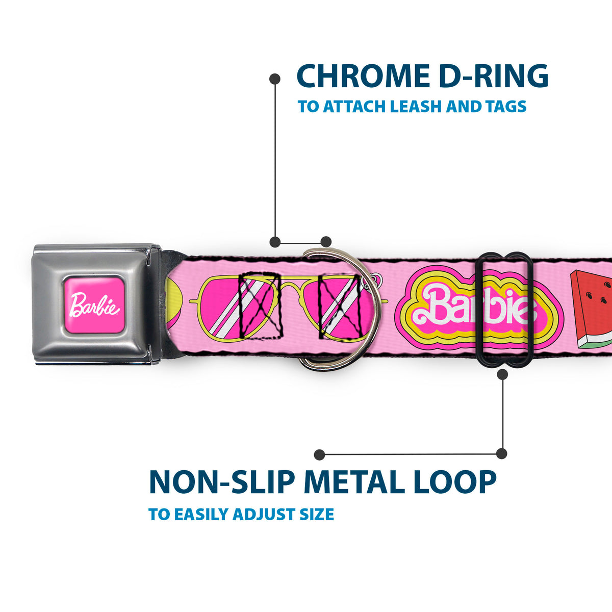 BARBIE Script Signature Full Color Hot Pink/White Seatbelt Buckle Collar - Malibu Barbie 1971 Icons and Quotes Pinks/Yellows Dog Collars Seatbelt Buckle Barbie