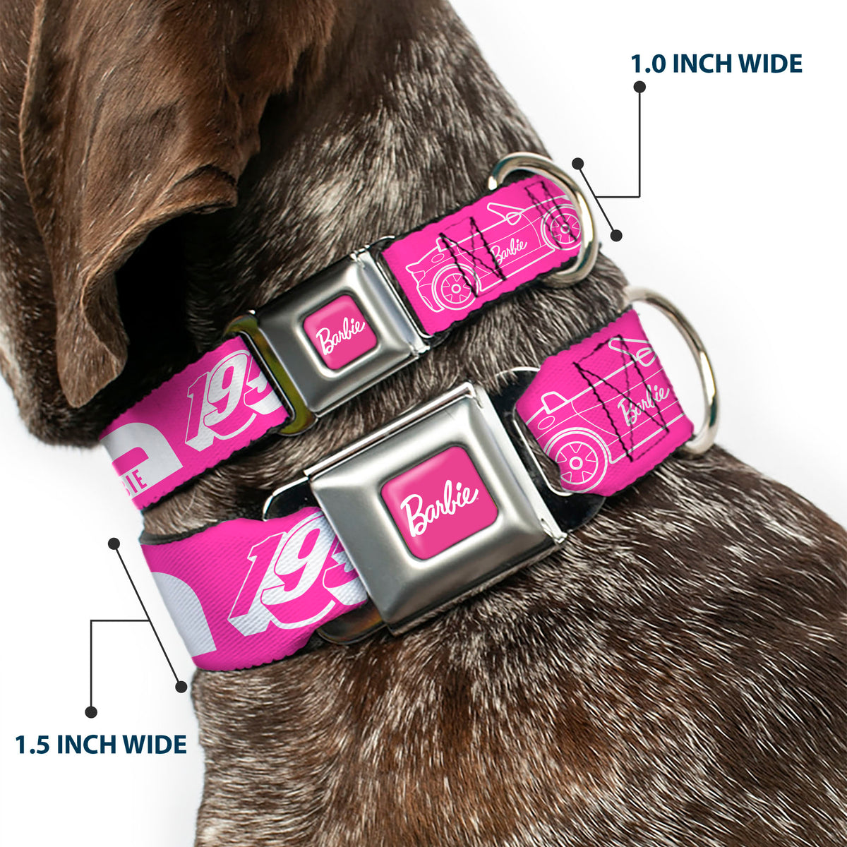 BARBIE Script Signature Full Color Hot Pink/White Seatbelt Buckle Collar - BARBIE Script Signature and Icons Pink/White Dog Collars Seatbelt Buckle Barbie