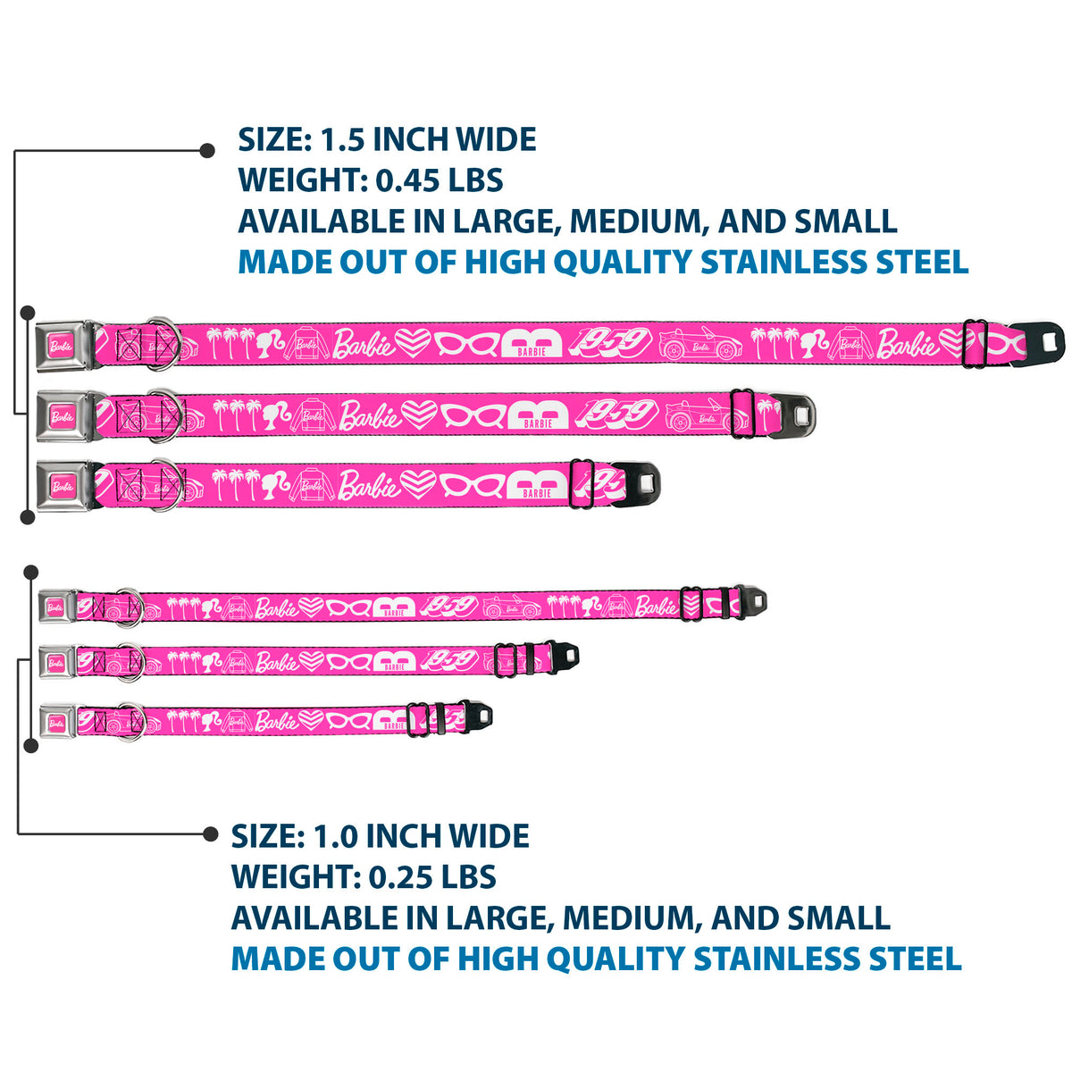 BARBIE Script Signature Full Color Hot Pink/White Seatbelt Buckle Collar - BARBIE Script Signature and Icons Pink/White Dog Collars Seatbelt Buckle Barbie