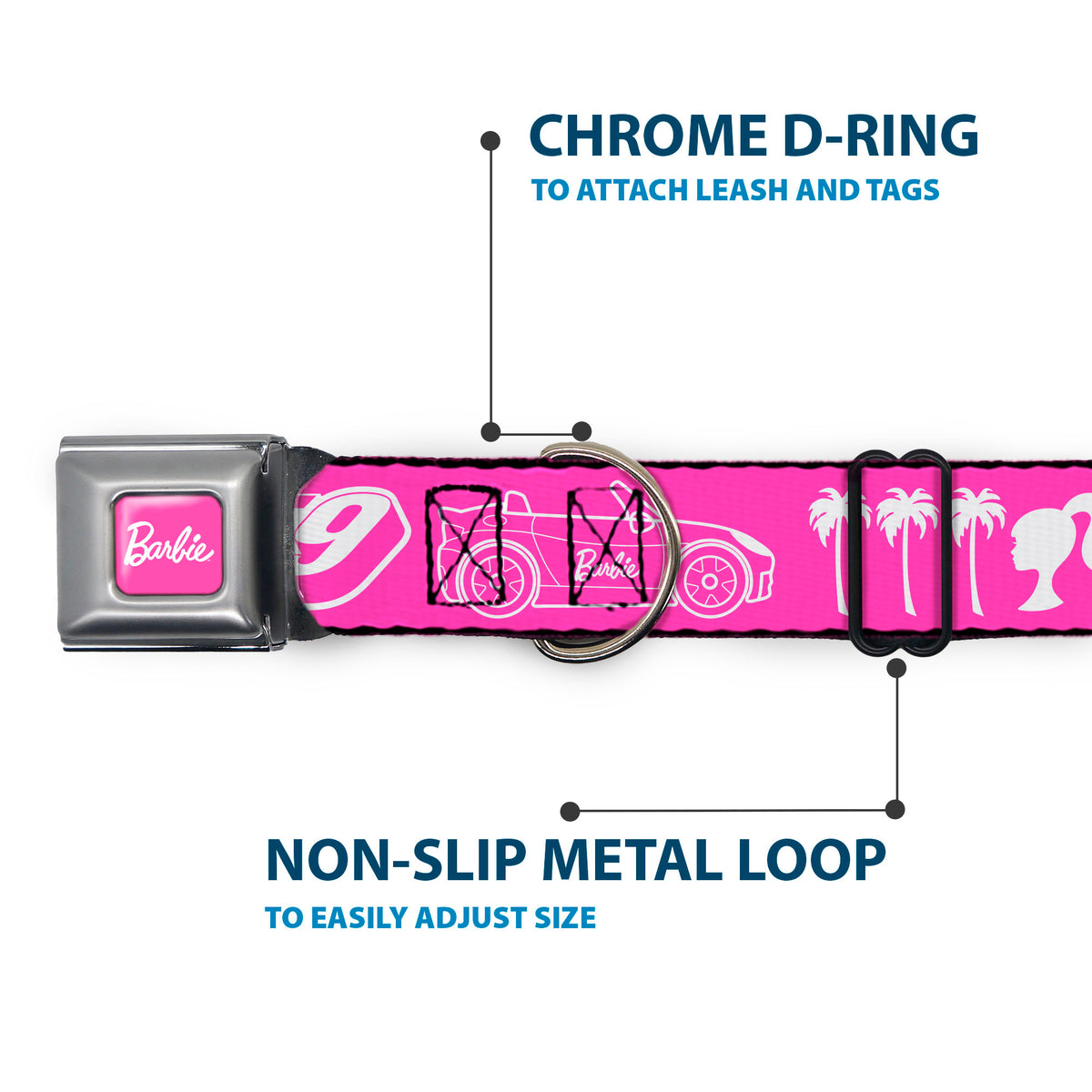BARBIE Script Signature Full Color Hot Pink/White Seatbelt Buckle Collar - BARBIE Script Signature and Icons Pink/White Dog Collars Seatbelt Buckle Barbie