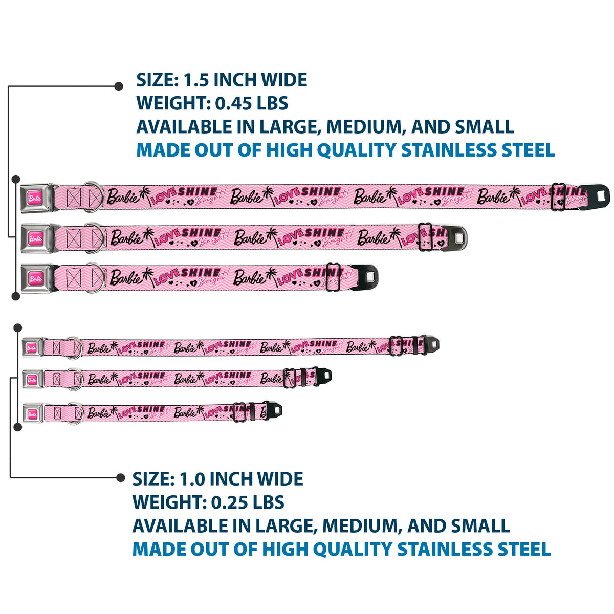 BARBIE Script Signature Full Color Hot Pink/White Seatbelt Buckle Collar - BARBIE LOVE SHINE BRIGHT Chevron Striping Pinks Dog Collars Seatbelt Buckle Barbie
