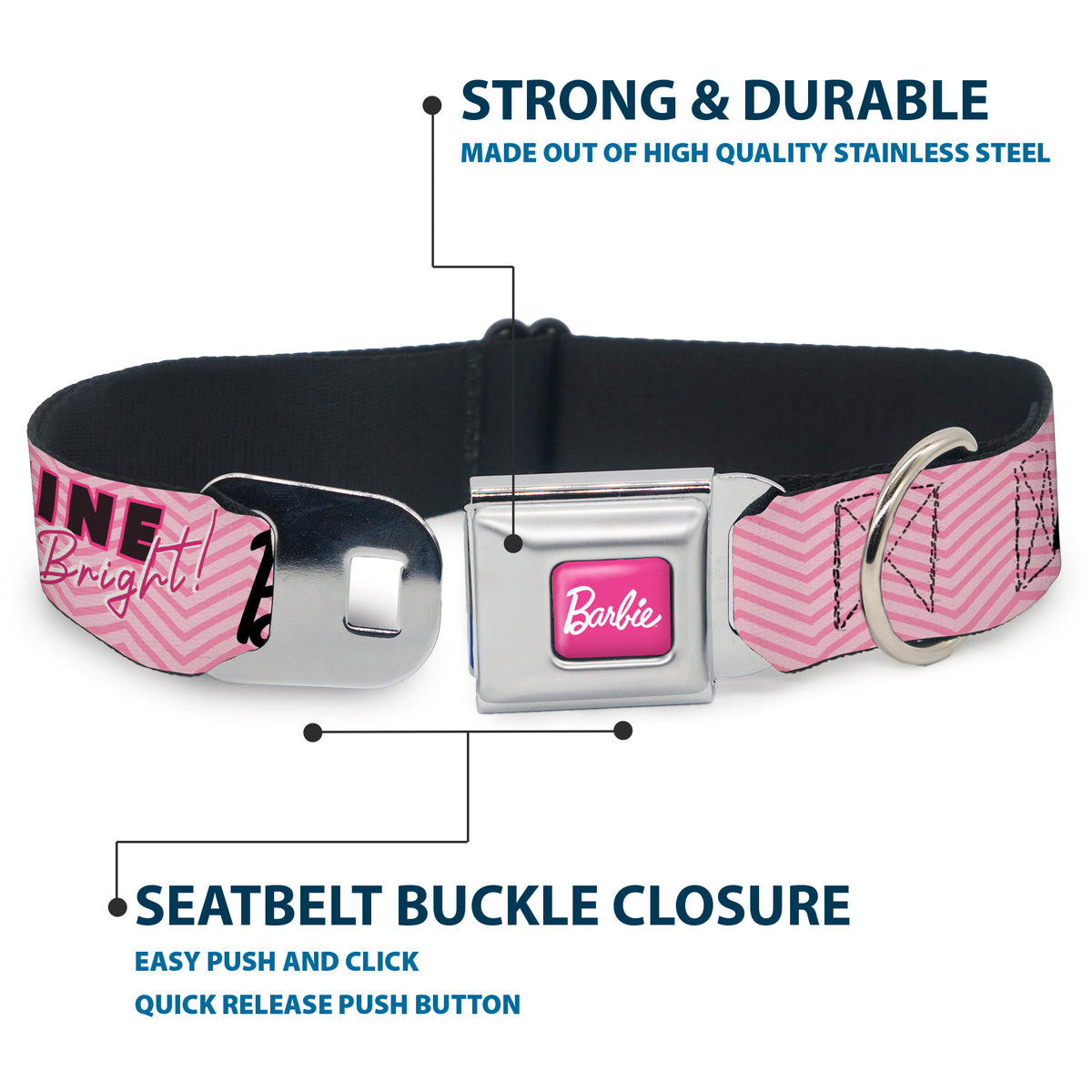 BARBIE Script Signature Full Color Hot Pink/White Seatbelt Buckle Collar - BARBIE LOVE SHINE BRIGHT Chevron Striping Pinks Dog Collars Seatbelt Buckle Barbie