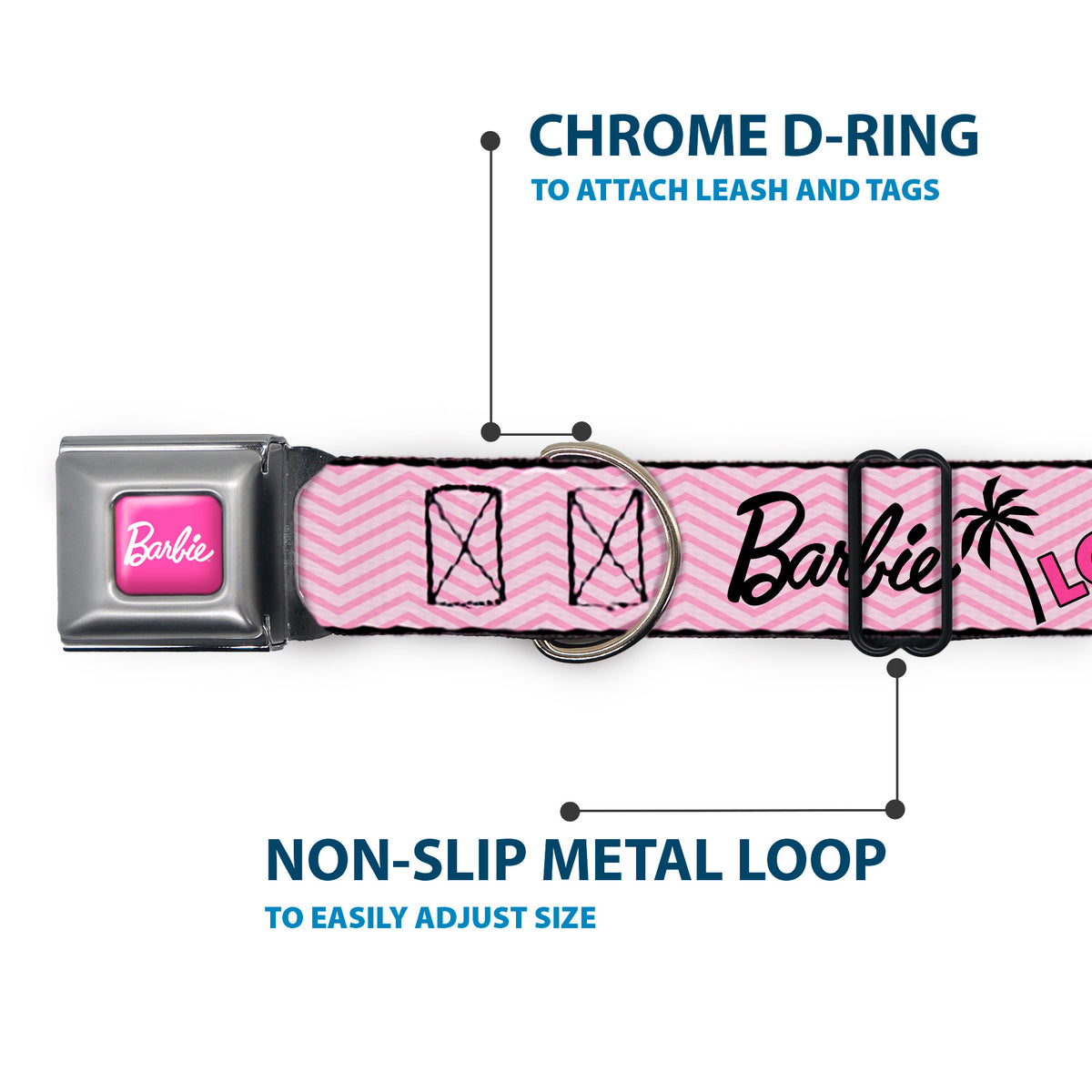BARBIE Script Signature Full Color Hot Pink/White Seatbelt Buckle Collar - BARBIE LOVE SHINE BRIGHT Chevron Striping Pinks Dog Collars Seatbelt Buckle Barbie