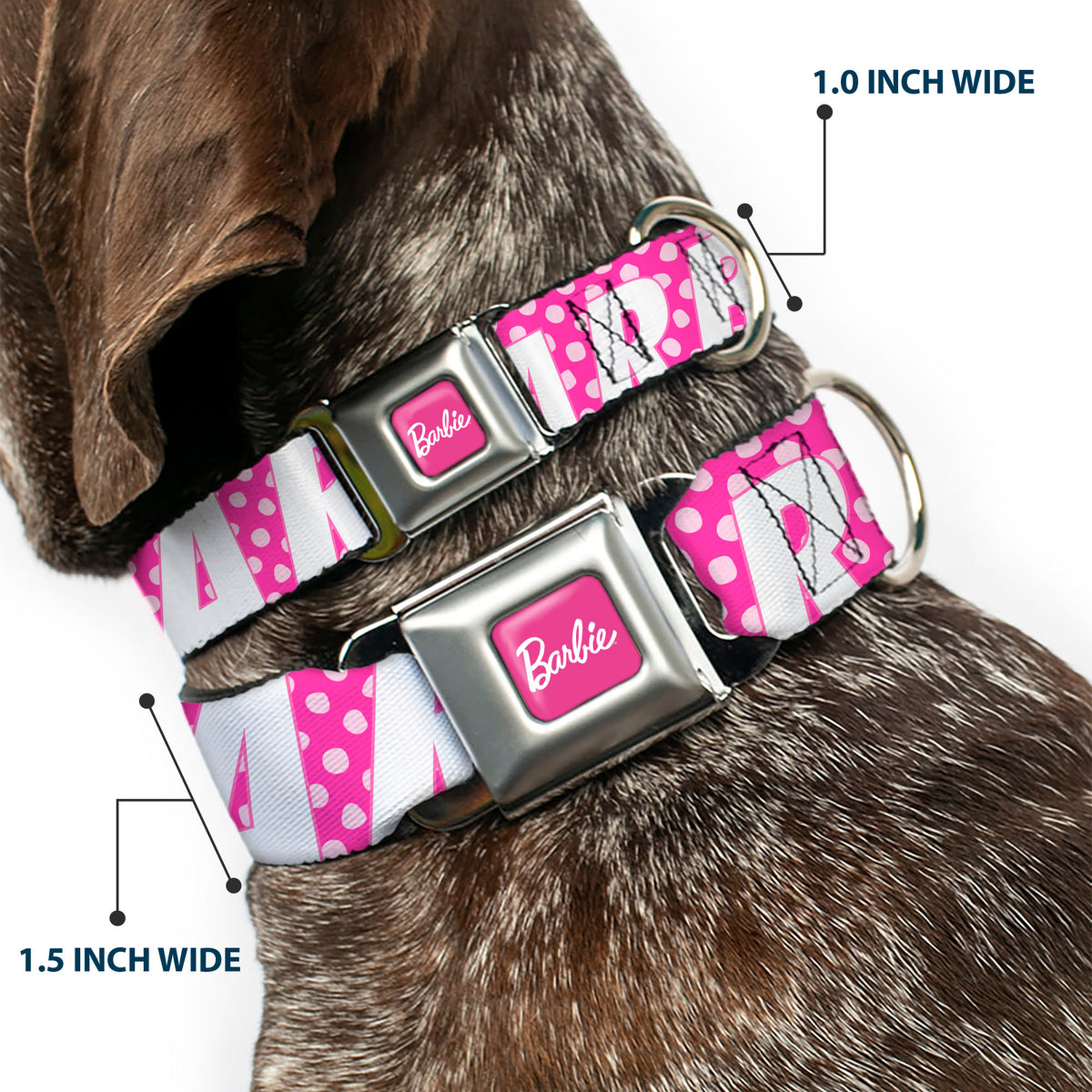 BARBIE Script Signature Full Color Hot Pink/White Seatbelt Buckle Collar - BARBIE Text and Polka Dots Pinks/White Dog Collars Seatbelt Buckle Barbie