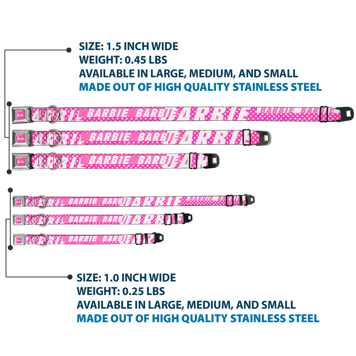 BARBIE Script Signature Full Color Hot Pink/White Seatbelt Buckle Collar - BARBIE Text and Polka Dots Pinks/White Dog Collars Seatbelt Buckle Barbie