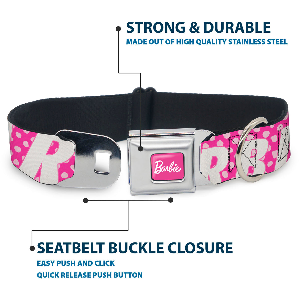 BARBIE Script Signature Full Color Hot Pink/White Seatbelt Buckle Collar - BARBIE Text and Polka Dots Pinks/White Dog Collars Seatbelt Buckle Barbie