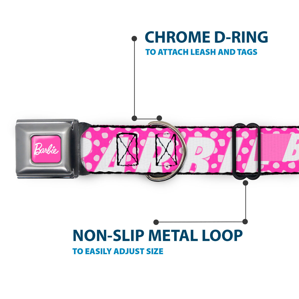 BARBIE Script Signature Full Color Hot Pink/White Seatbelt Buckle Collar - BARBIE Text and Polka Dots Pinks/White Dog Collars Seatbelt Buckle Barbie