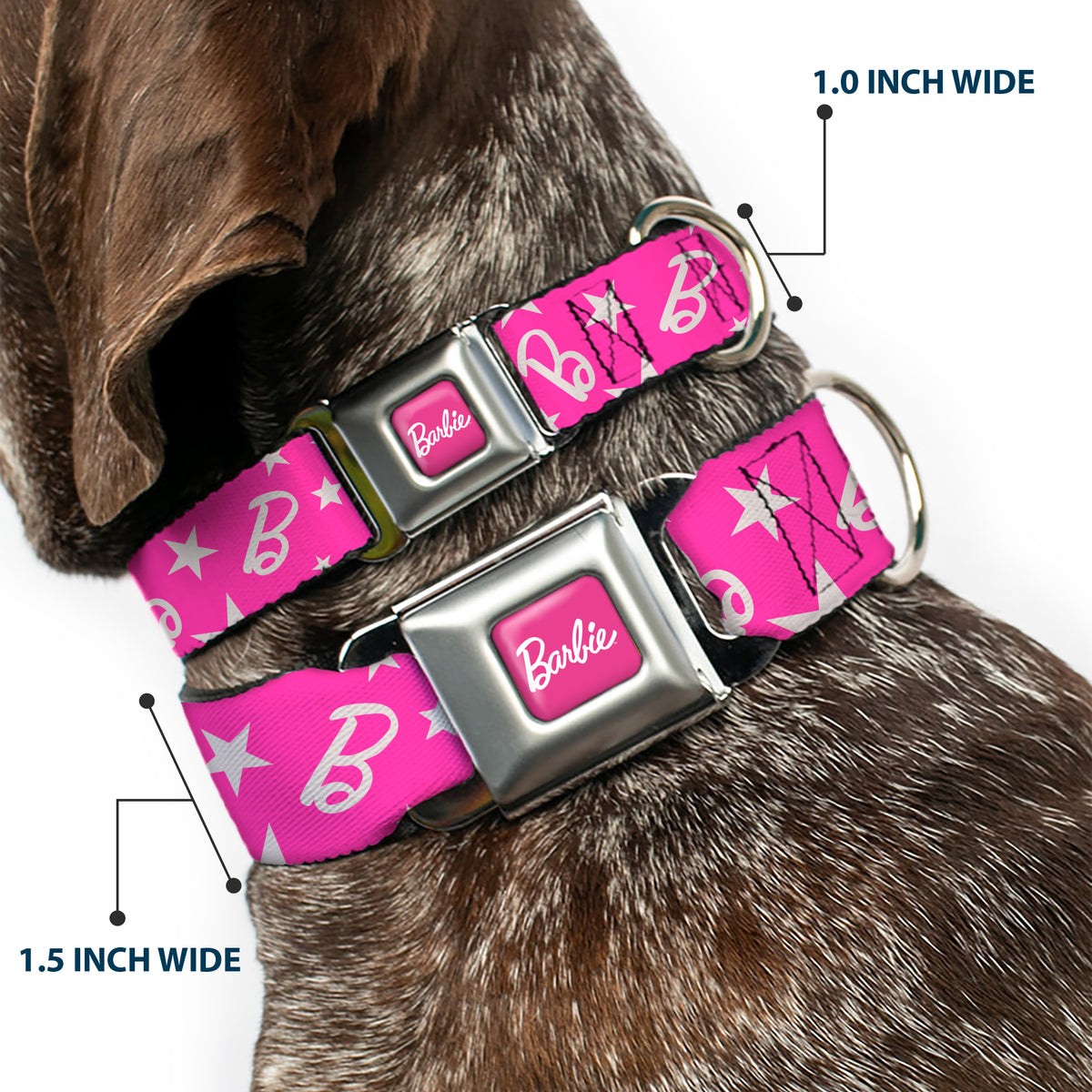 BARBIE Script Signature Full Color Hot Pink/White Seatbelt Buckle Collar - Barbie Ponytail Silhouette and Star Scattered Pink/White Dog Collars Seatbelt Buckle Barbie
