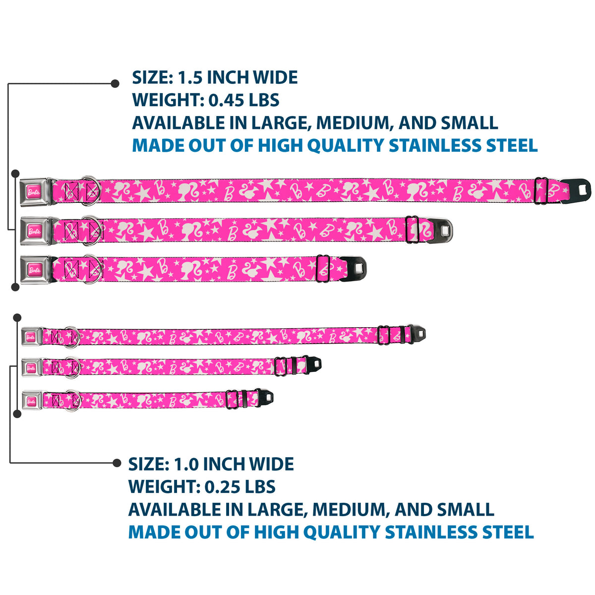 BARBIE Script Signature Full Color Hot Pink/White Seatbelt Buckle Collar - Barbie Ponytail Silhouette and Star Scattered Pink/White Dog Collars Seatbelt Buckle Barbie