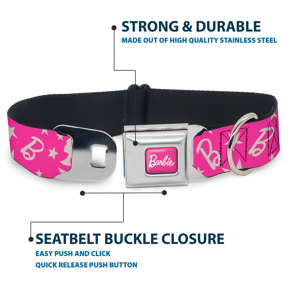 BARBIE Script Signature Full Color Hot Pink/White Seatbelt Buckle Collar - Barbie Ponytail Silhouette and Star Scattered Pink/White Dog Collars Seatbelt Buckle Barbie