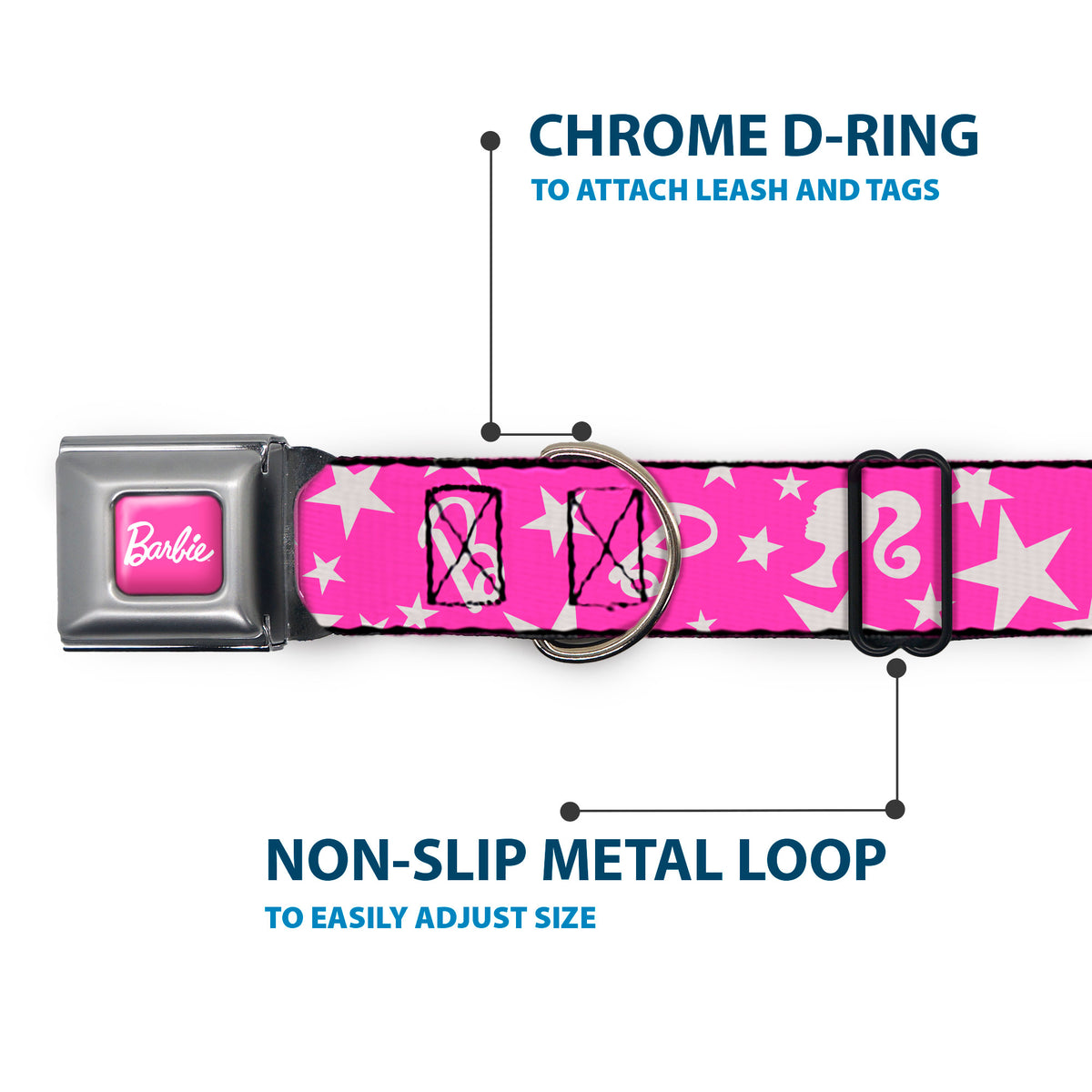 BARBIE Script Signature Full Color Hot Pink/White Seatbelt Buckle Collar - Barbie Ponytail Silhouette and Star Scattered Pink/White Dog Collars Seatbelt Buckle Barbie