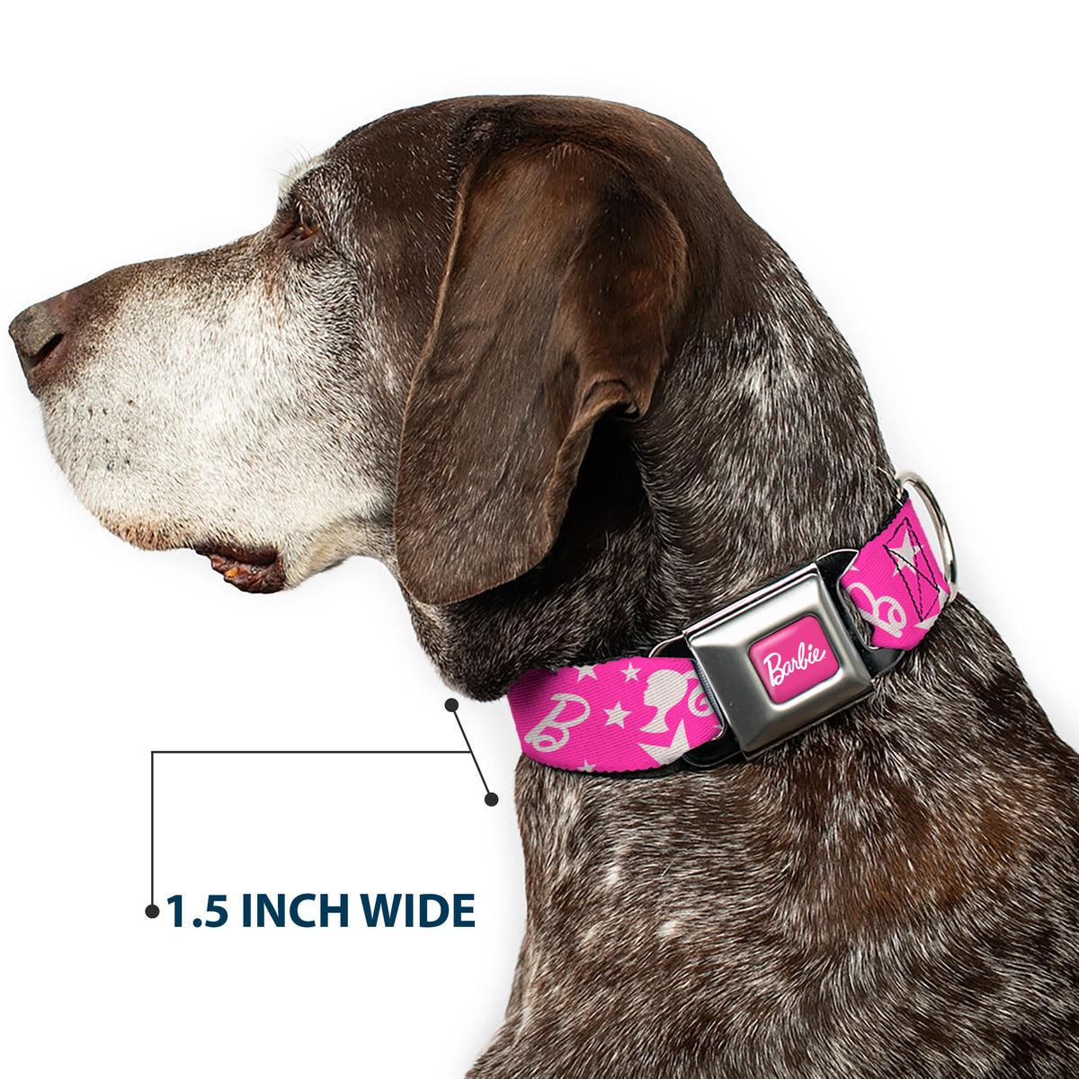 BARBIE Script Signature Full Color Hot Pink/White Seatbelt Buckle Collar - Barbie Ponytail Silhouette and Star Scattered Pink/White Dog Collars Seatbelt Buckle Barbie