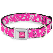 BARBIE Script Signature Full Color Hot Pink/White Seatbelt Buckle Collar - Barbie Ponytail Silhouette and Star Scattered Pink/White Dog Collars Seatbelt Buckle Barbie