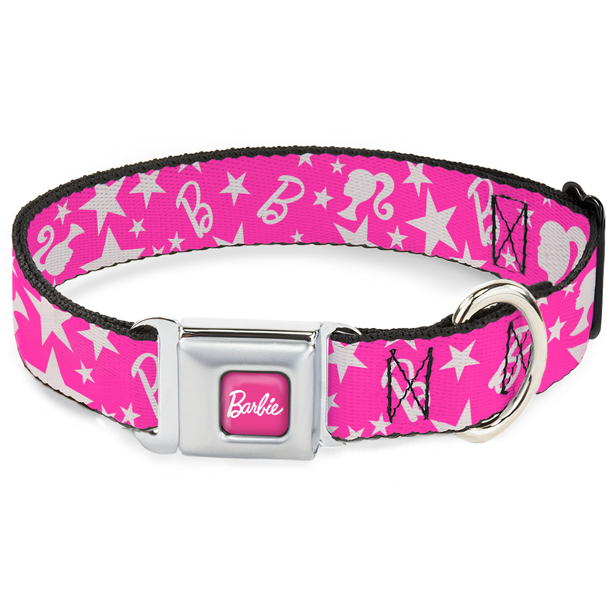 BARBIE Script Signature Full Color Hot Pink/White Seatbelt Buckle Collar - Barbie Ponytail Silhouette and Star Scattered Pink/White Dog Collars Seatbelt Buckle Barbie
