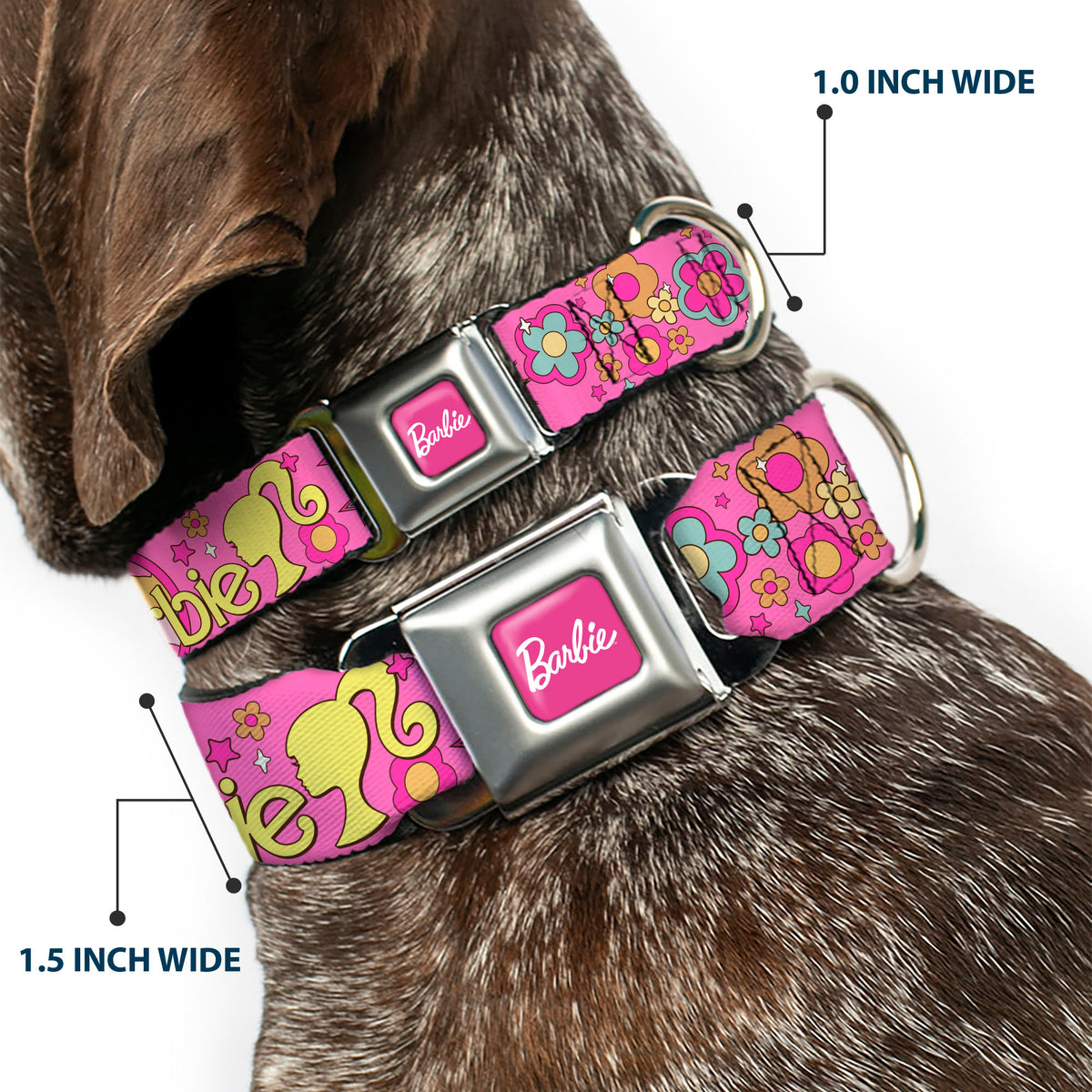 BARBIE Script Signature Full Color Hot Pink/White Seatbelt Buckle Collar - BARBIE SUNNY DAYS AHEAD Icons Collage Pink/Multi Color Dog Collars Seatbelt Buckle Barbie