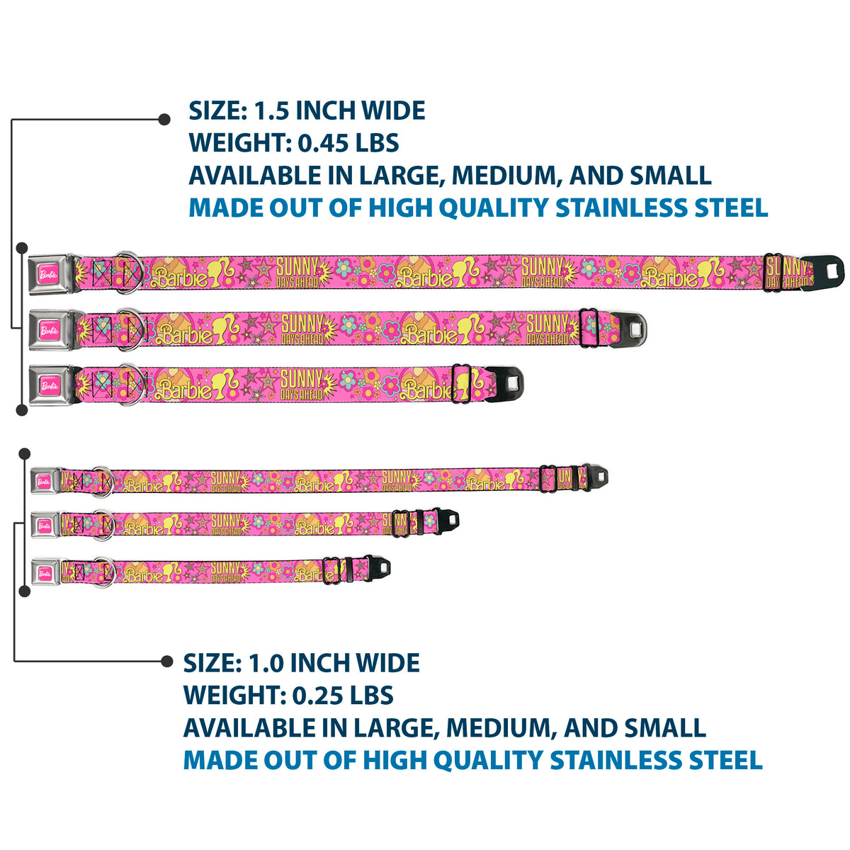 BARBIE Script Signature Full Color Hot Pink/White Seatbelt Buckle Collar - BARBIE SUNNY DAYS AHEAD Icons Collage Pink/Multi Color Dog Collars Seatbelt Buckle Barbie
