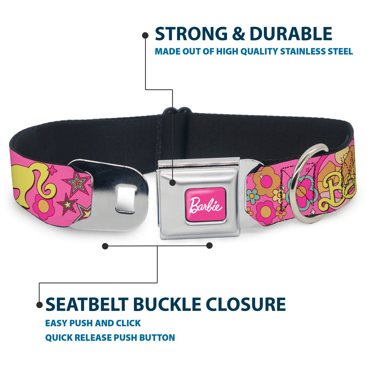 BARBIE Script Signature Full Color Hot Pink/White Seatbelt Buckle Collar - BARBIE SUNNY DAYS AHEAD Icons Collage Pink/Multi Color Dog Collars Seatbelt Buckle Barbie
