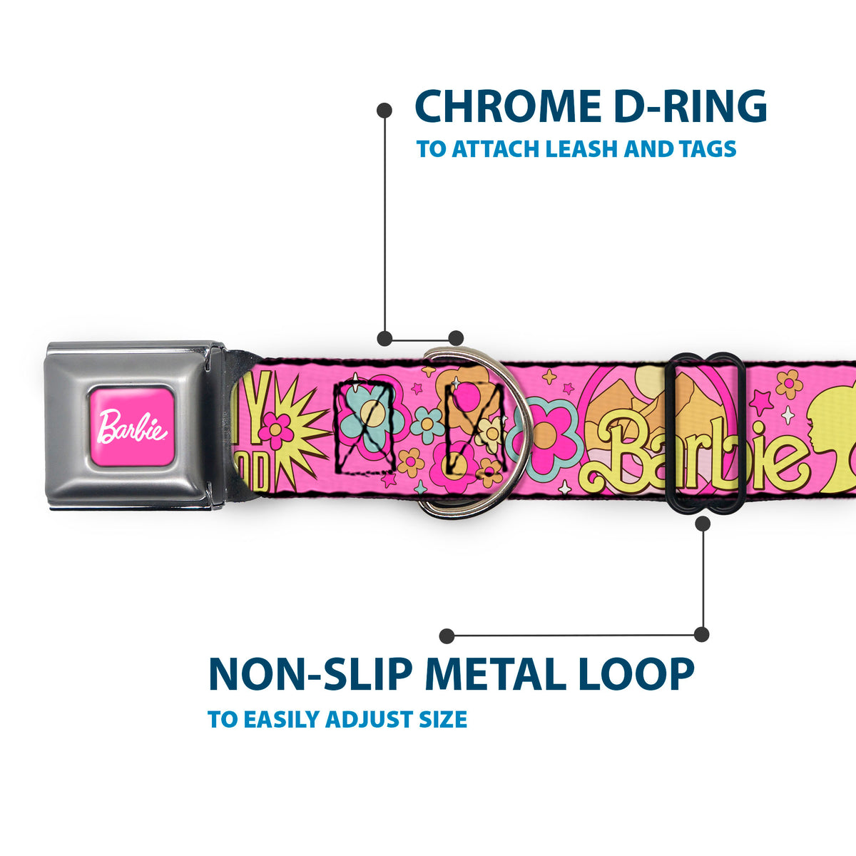 BARBIE Script Signature Full Color Hot Pink/White Seatbelt Buckle Collar - BARBIE SUNNY DAYS AHEAD Icons Collage Pink/Multi Color Dog Collars Seatbelt Buckle Barbie