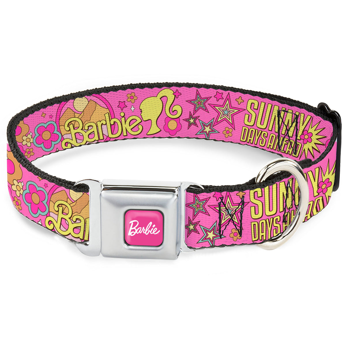 BARBIE Script Signature Full Color Hot Pink/White Seatbelt Buckle Collar - BARBIE SUNNY DAYS AHEAD Icons Collage Pink/Multi Color Dog Collars Seatbelt Buckle Barbie
