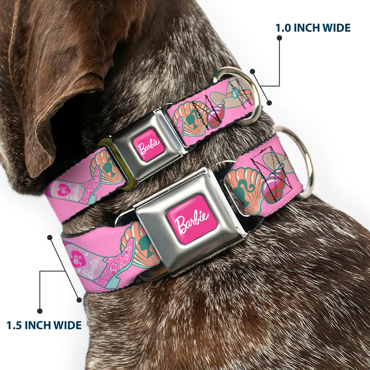 BARBIE Script Signature Full Color Hot Pink/White Seatbelt Buckle Collar - BARBIE BEACH COWGIRL Icons Collage Pinks/Blues Dog Collars Seatbelt Buckle Barbie