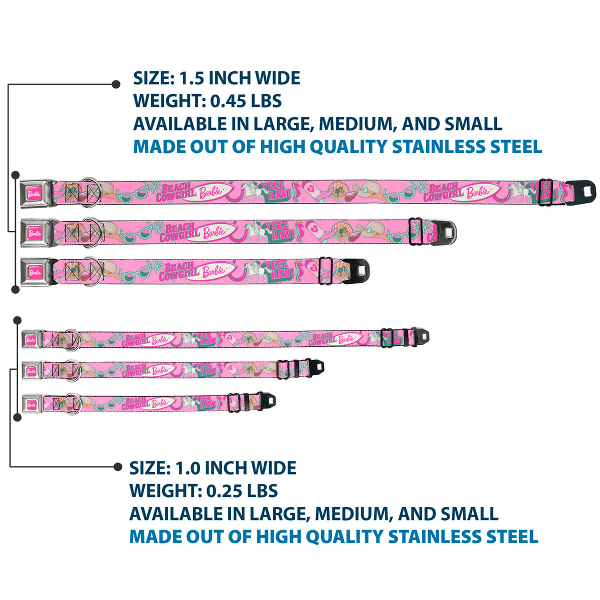 BARBIE Script Signature Full Color Hot Pink/White Seatbelt Buckle Collar - BARBIE BEACH COWGIRL Icons Collage Pinks/Blues Dog Collars Seatbelt Buckle Barbie